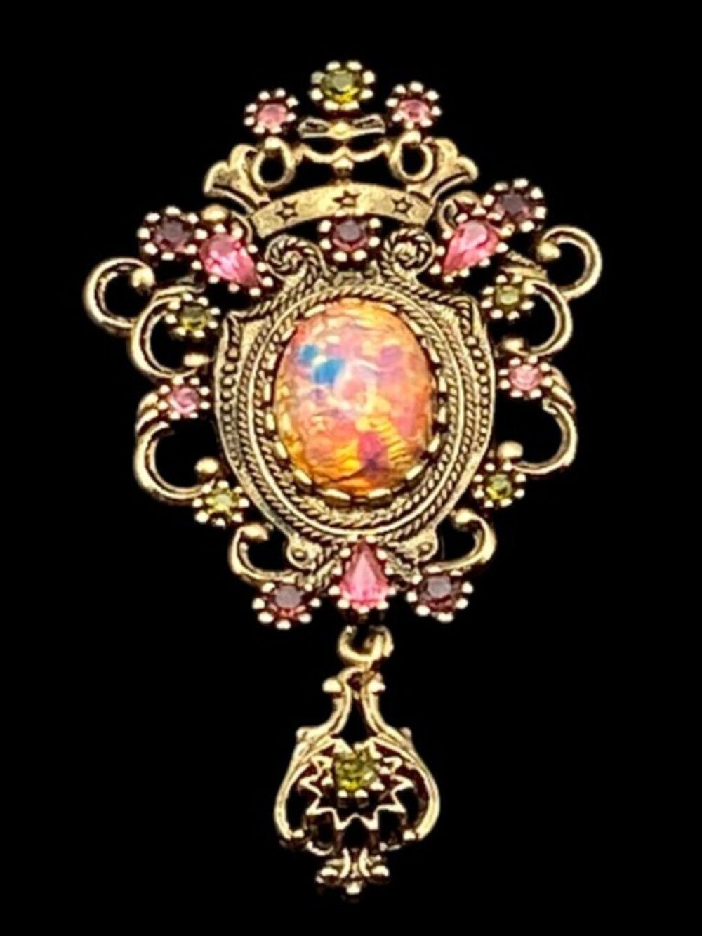 Sarah Coventry CONTESSA Brooch/Pendant Signed Pink Fire Opal Crown Vintage 1970s